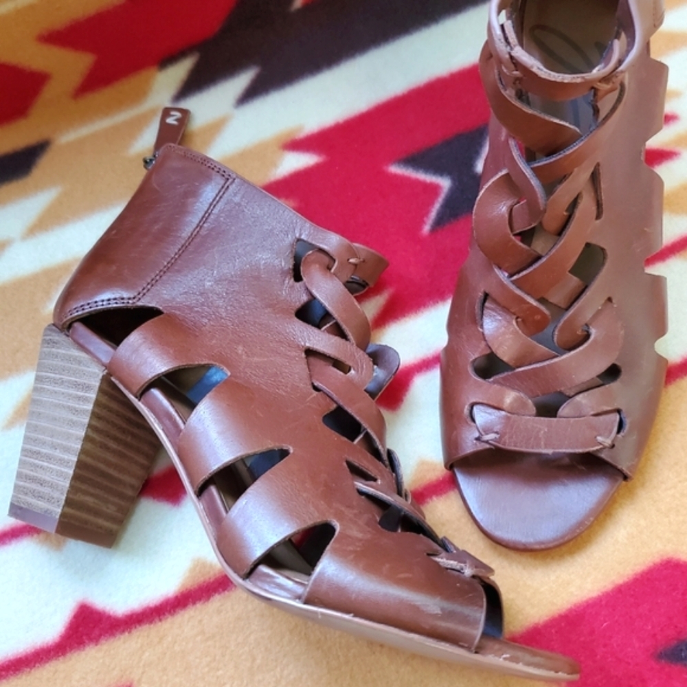 Zodiac Camila brown leather cut out peep toe block heel gladiator sandals